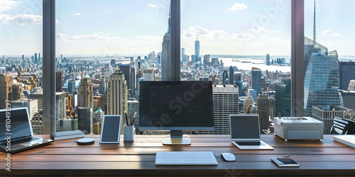 Bustling Business Desk in New York  A desk at a modern office with an open view of the Manhattan skyline  showcasing various tech devices and a busy schedule