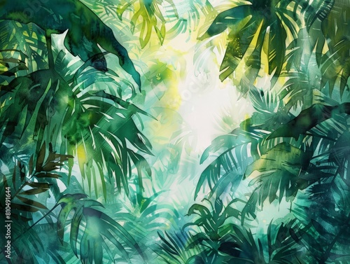 A lush green jungle scene with sunlight filtering through the leaves  all rendered in a loose and expressive green turquoise watercolor style