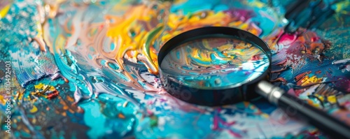 A magnifying glass revealing a hidden message within a swirling paint splatter  highlighting the discovery of creative ideas in the unexpected