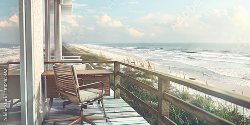 South Padre Island Serenity: A breezy desk on a seaside balcony overlooking the Gulf of Mexico, with the soft sound of waves crashing nearby. photo