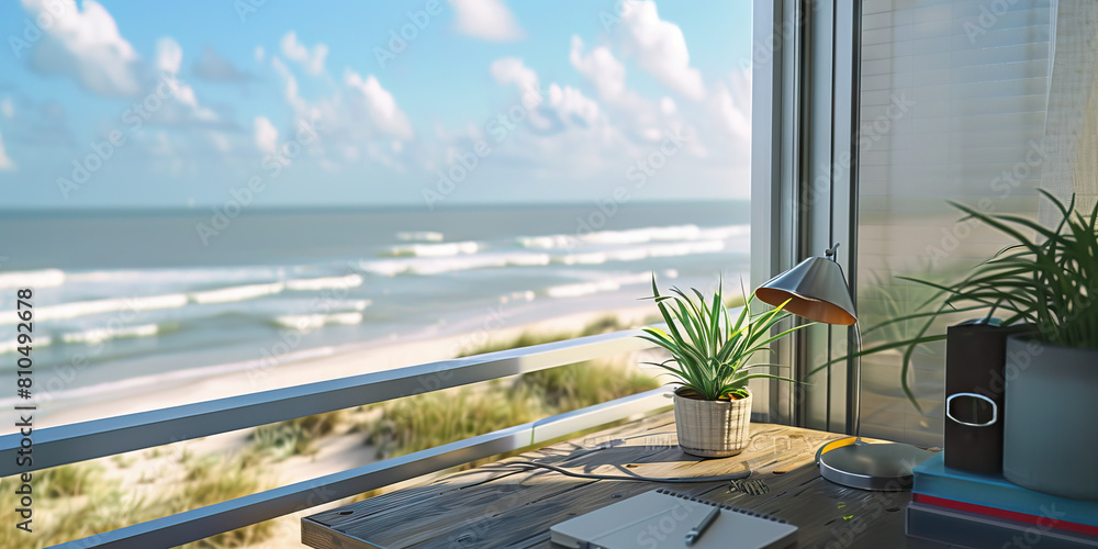 South Padre Island Serenity: A breezy desk on a seaside balcony overlooking the Gulf of Mexico, with the soft sound of waves crashing nearby.