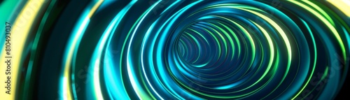 A neon blue and green spiral tunnel glowing brightly against a dark background, ideal for a nightclub or party atmosphere Maintain clear copy space near the opening