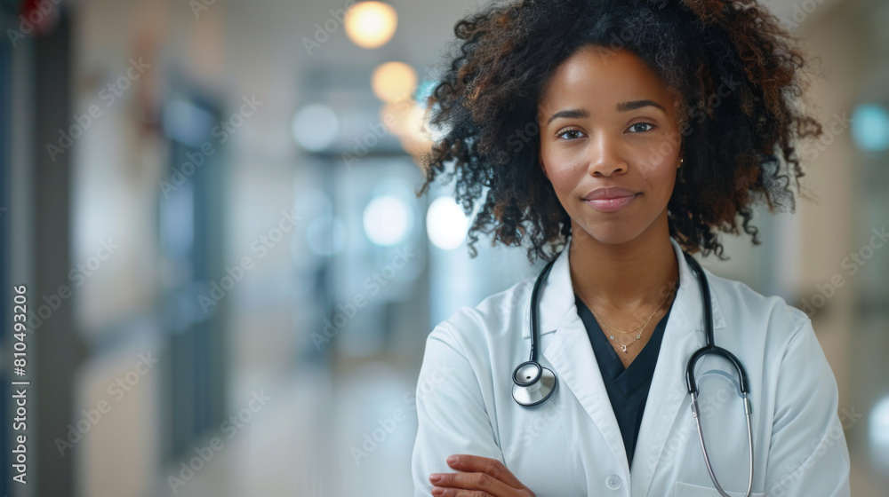 A young, smiling female doctor confidently stands in a hospital hallway, representing professionalism in healthcare. A young, smiling female doctor confidently stands in a hospital hallway, representing professionalism in healthcare.