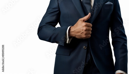 Craft an image of a male CEO in a navy blue business suit, visible from the torso up, with a finger gesturing commandingly