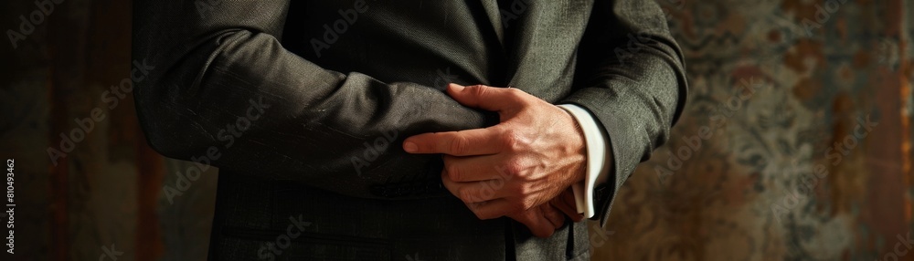 Craft an image of a male CEO in a formal charcoal grey suit, torso visible, with a thoughtful hand on his arm