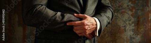 Craft an image of a male CEO in a formal charcoal grey suit  torso visible  with a thoughtful hand on his arm