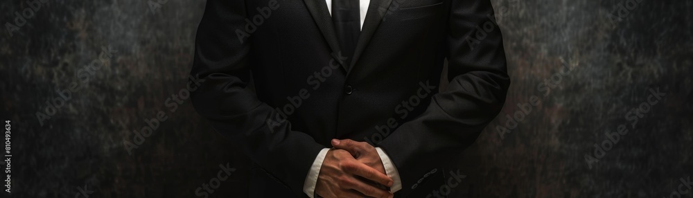 Craft an image of a male CEO in a black business suit, visible from the torso up, hands intertwined gently Craft an image of a male CEO in a black business suit, visible from the torso up, hands intertwined gently