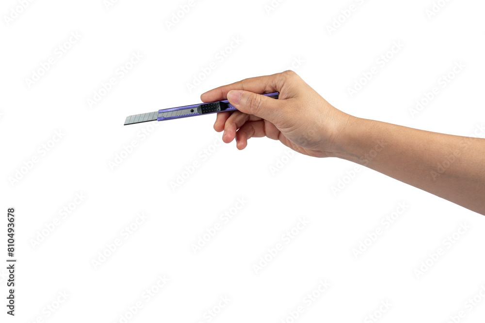 Cutter knife tool office for cutpaper in hand on transparent background Cutter knife tool office for cutpaper in hand on transparent background