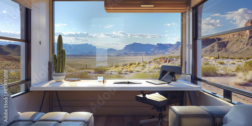 Big Bend Beauty: A minimalist desk set up in a serene, modern camper at Big Bend National Park, overlooking the stunning Chihuahuan Desert landscape