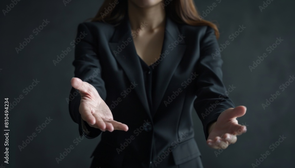 Obraz premium Craft an image of a female CEO in a black business suit, visible from the torso up, with an open hand gesture