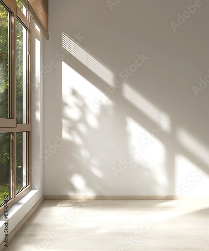 Empty room with white wall in sunlight from brown window blind, tree shadow on wood laminated floor for luxury, minimal interior design decoration, architecture, product background 3D