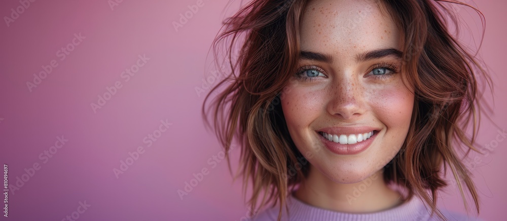 portrait of beautiful smiling woman with short wavy hair wearing pastel purple sweatshirt, isolated on solid color background. portrait of beautiful smiling woman with short wavy hair wearing pastel purple sweatshirt, isolated on solid color background.
