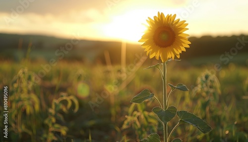 A single sunflower standing tall in a field  with a blurred sunset sky casting long shadows in the background