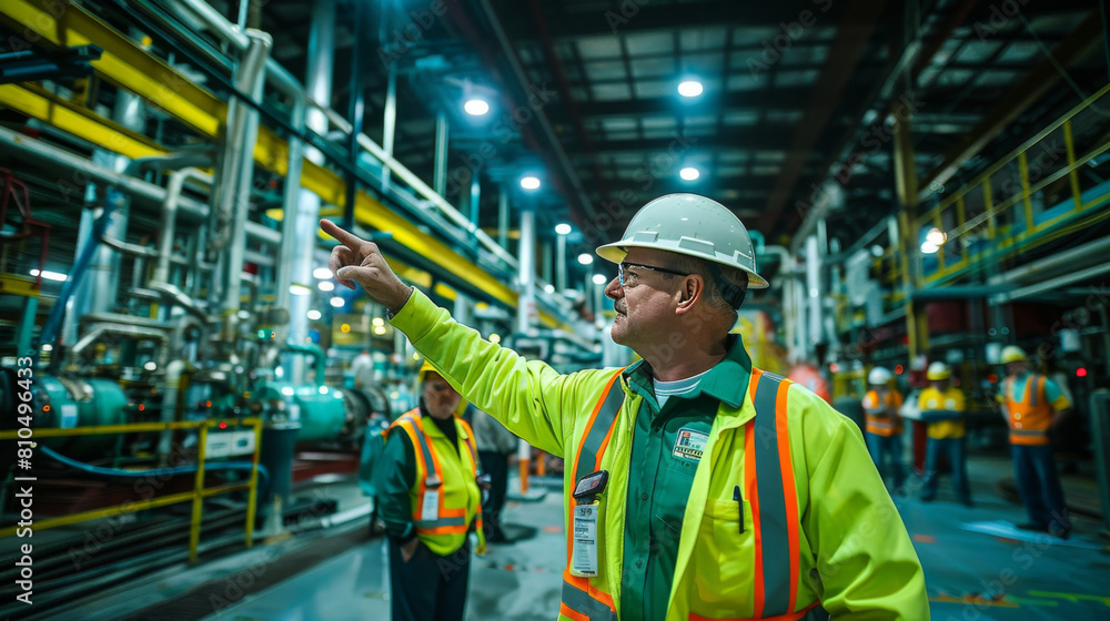 Safety officer conducting an inspection and explaining operations in a large industrial chemical plant. Safety officer conducting an inspection and explaining operations in a large industrial chemical plant.
