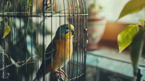 金属の金網タイプのレトロな鳥籠に鳥が止まっている、窓辺 photo