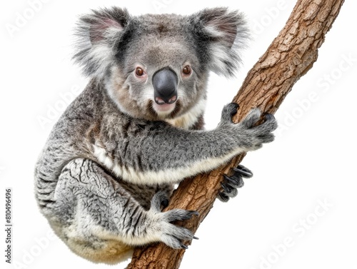 Koala Koala clinging to a branch  showcasing its fluffy ears and sleepy demeanor  isolated on white background.