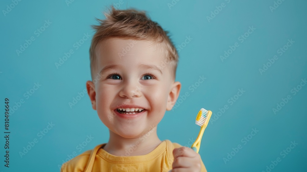 Portrait of a Happy Smiling Boy Holding a Toothbrush on a Blue Background, Close-Up Studio Shot of a Cute Kid with a Teeth Cleaning Product, Highlighting Dental Hygiene in Commercial Photography Style Portrait of a Happy Smiling Boy Holding a Toothbrush on a Blue Background, Close-Up Studio Shot of a Cute Kid with a Teeth Cleaning Product, Highlighting Dental Hygiene in Commercial Photography Style