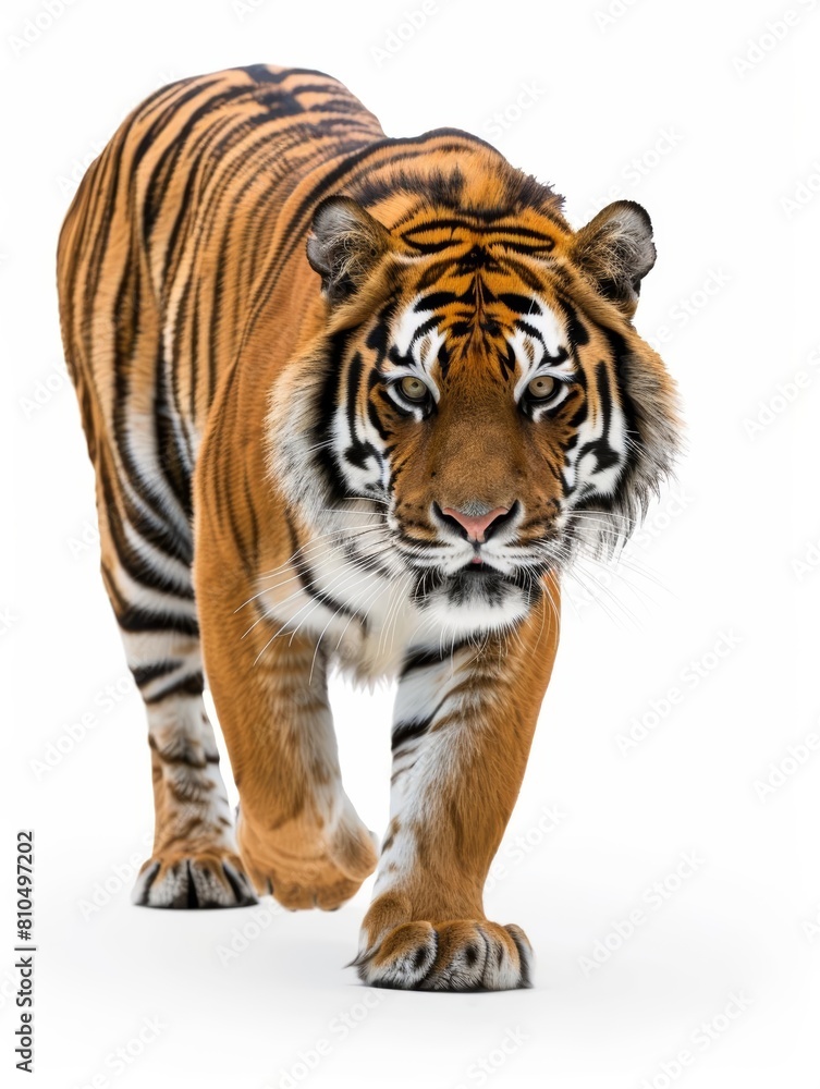 Tiger Tiger in midstride, highlighting the striking pattern of its coat and powerful muscle definition, isolated on white background.