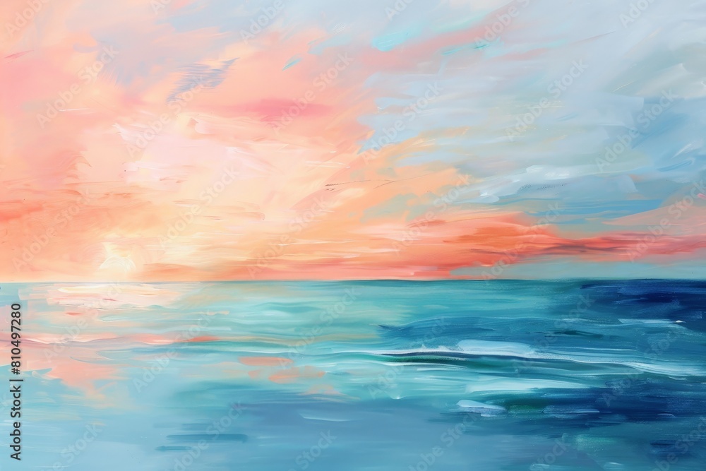 Obraz premium Depict the calming energy of a spring sunrise over the ocean with an abstract composition of soft blues, pinks, and oranges, rendered in loose brushstrokes
