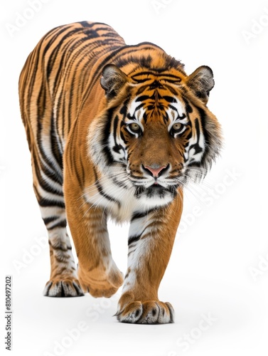 Tiger Tiger in midstride  highlighting the striking pattern of its coat and powerful muscle definition  isolated on white background.