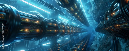 An underwater data center Rows of waterproof servers housed in a futuristic underwater facility, connected by bioluminescent cables that mimic the natural glow of deepsea creatures photo