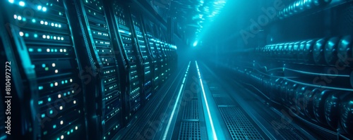 An underwater data center Rows of waterproof servers housed in a futuristic underwater facility, connected by bioluminescent cables that mimic the natural glow of deepsea creatures