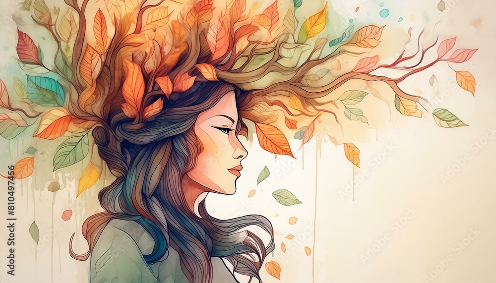Colorful watercolor illustration of a woman with branches and leaves in her hair. AI generated.