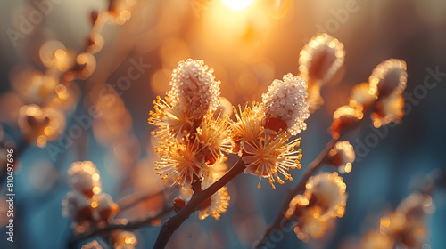 autumn leaves in the sun,
Flowering willow branches glow in sunlight outdo photo
