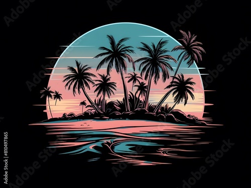 Peaceful tropical beach setting infused with soothing nature-inspired synthwave shades.