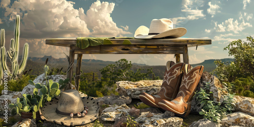 Lone Star Desk: A rustic wooden desk adorned with a cowboy hat and boots, sitting atop a rugged Texas landscape.