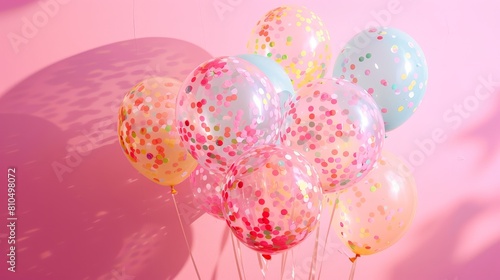 A bunch of translucent balloons filled with confetti in different pastel colors, casting playful shadows against a pastel pink backdrop photo