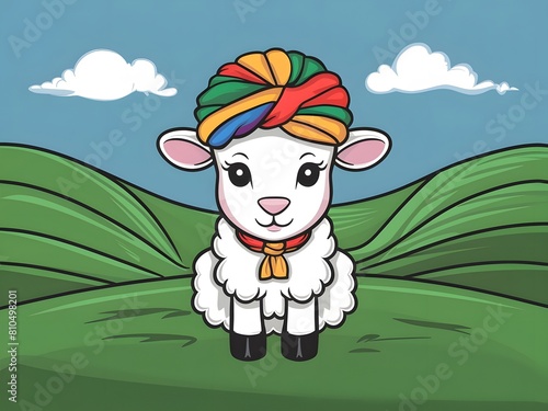 An adorable lamb wearing a bright turban as a sacrificial offering