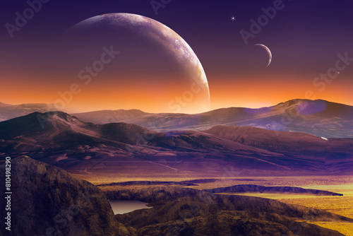 Sunset view from the surface of an alien world  alien landscape with rocky moutains and lifeless  space background for pc  desktop planet wallpaper  fantasy landscape 3d illustration for video project