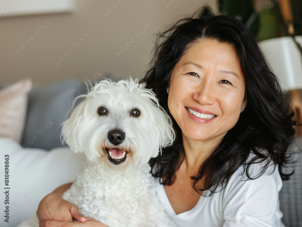 Smiling woman holding her beloved pet dog Smiling woman holding her beloved pet dog