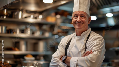 Portrait of a mature male chef smiling confidently in a professional kitchen setting.