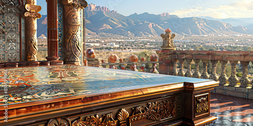 El Paso Elegance: A traditional Mexican-inspired desk with intricate carvings and tile work, set against a stunning view of the Franklin Mountains in El Paso.  photo