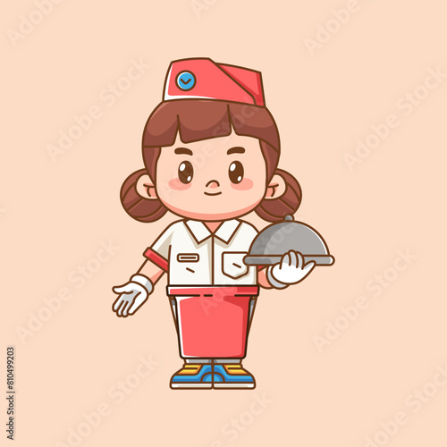 Cute girl waiter serve food kawaii chibi character mascot illustration outline style design