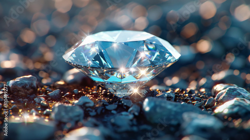 Close-up of a sparkling diamond resting on a rocky surface  beautifully illuminated by sunlight.