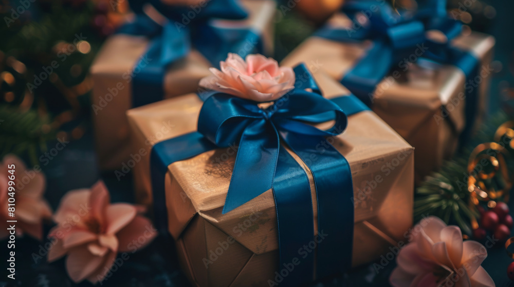 Beautifully wrapped gift boxes with blue ribbons and floral decorations in a cozy, festive holiday setting. Beautifully wrapped gift boxes with blue ribbons and floral decorations in a cozy, festive holiday setting.