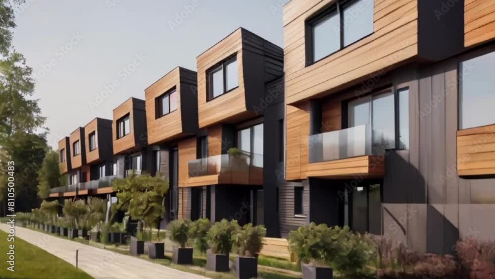 Row of modern modular private townhouses with wooden cladding. Residential architecture exterior Row of modern modular private townhouses with wooden cladding. Residential architecture exterior