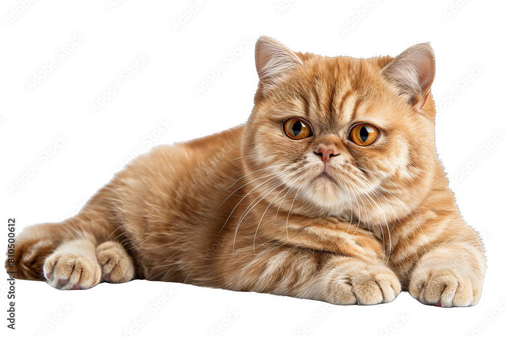 Cute ginger cat is lying down and looking at the camera with big round orange eyes Isolated On Transparent Background PNG