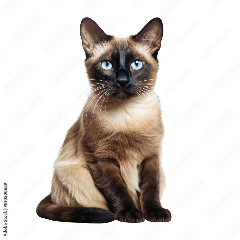 A beautiful, blue-eyed Siamese cat sits regally, staring at the camera with an air of superiority Isolated On Transparent Background PNG