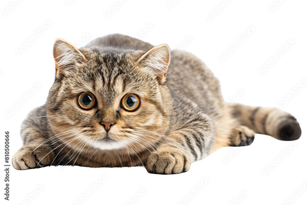 A cute cat is looking at the camera. The cat is brown and has big green eyes. It is sitting on a white surface Isolated On Transparent Background PNG