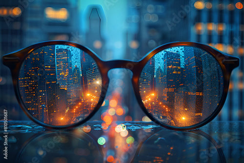 sunglasses on the wall, Night city view reflected in sunglasses lens 