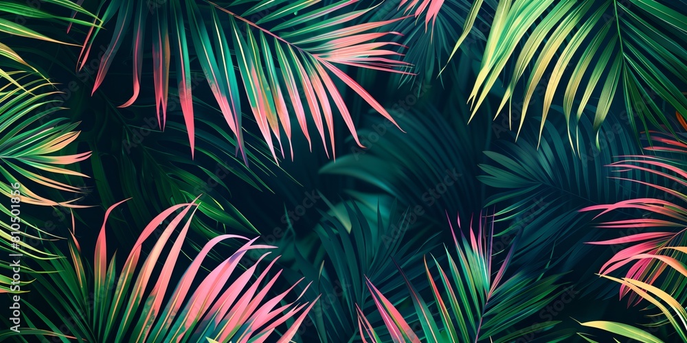 tropical background with palm leaves and pink and green colors