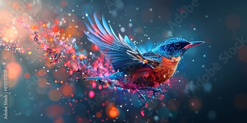 a colorful bird flying through the air with its wings spread out, with a blurry background © inspiretta