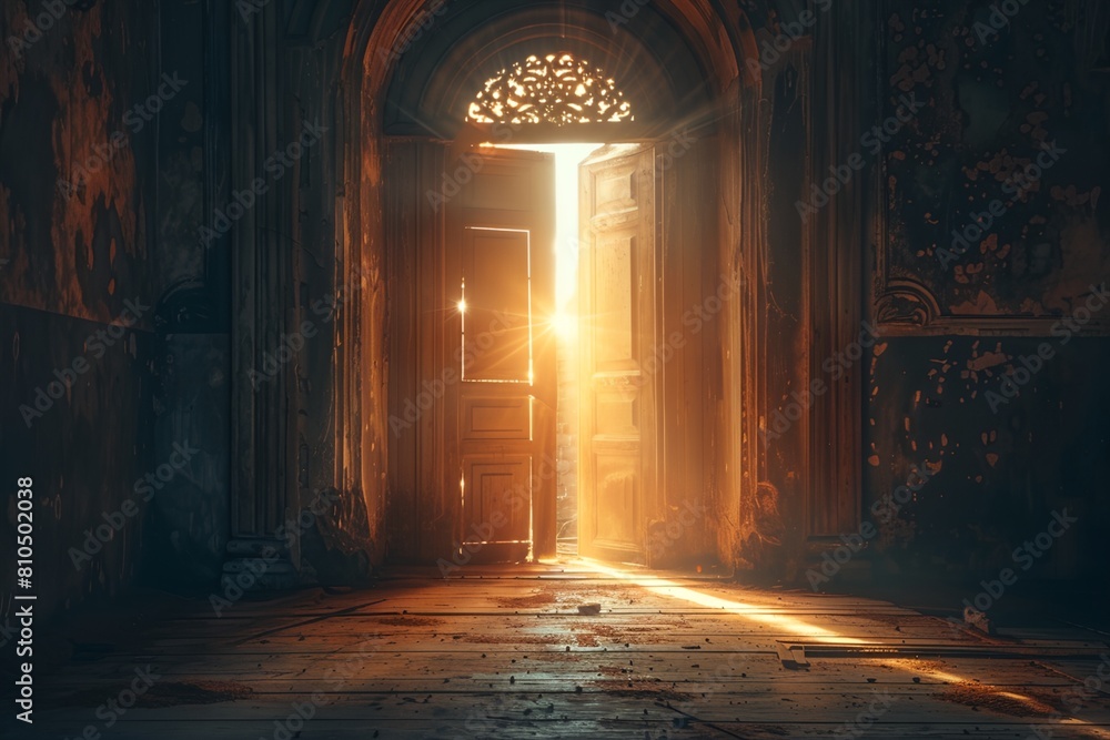 doorway with a light coming out of it in a dark room with smoke doorway with a light coming out of it in a dark room with smoke