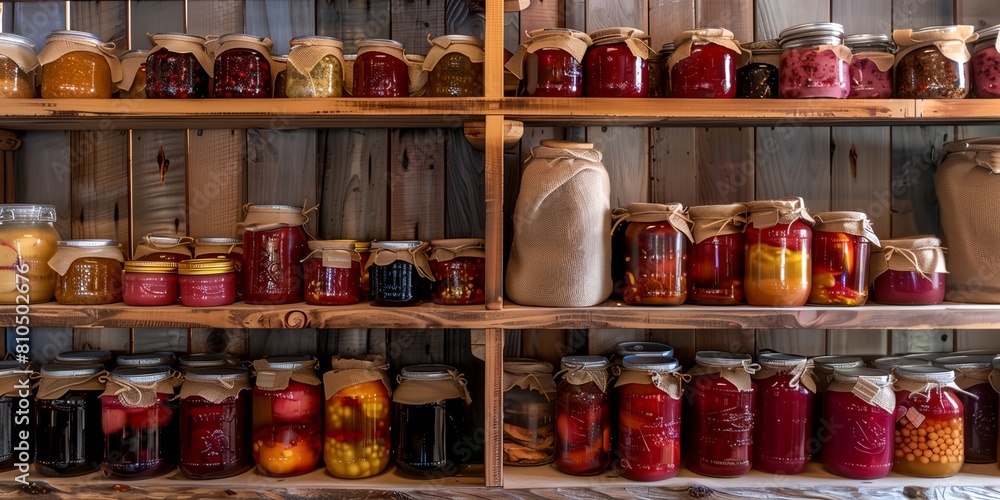 home storage with shelves filled with homemade canned food like jam, vegetables and sauces