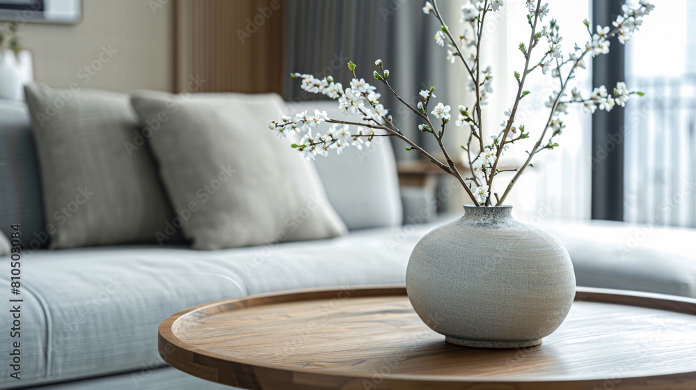 Modern Living Room - Ceramic Vase with Blossom Twigs on Wooden Coffee Table Modern Living Room - Ceramic Vase with Blossom Twigs on Wooden Coffee Table