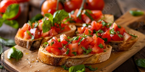 a wooden cutting board with delicious traditional bruschettas